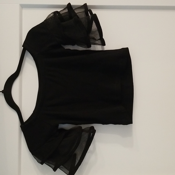 Zechka Black Cropped Top W Pink Roses Appliques Puffy Lace Sleeves Size S - Picture 5 of 12